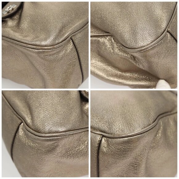 Salvatore Ferragamo Gancini Bag Leather Champagne Gold Silver Auth - Picture 16 of 16